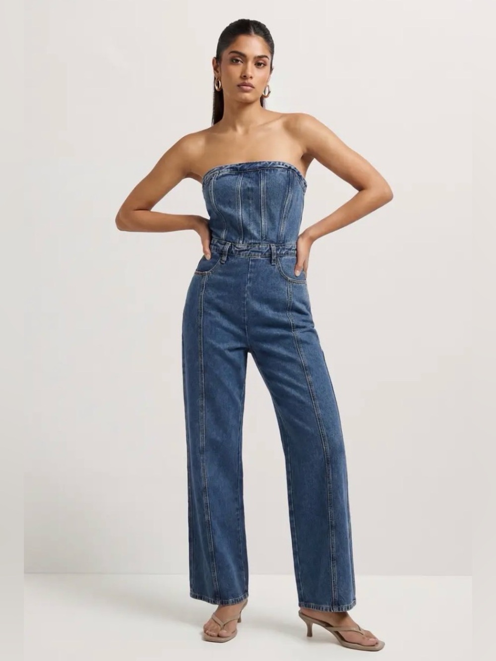 NWT Pretty little thing MISSPAP BANDEAU DENIM WIDE LEG JUMPSUIT
